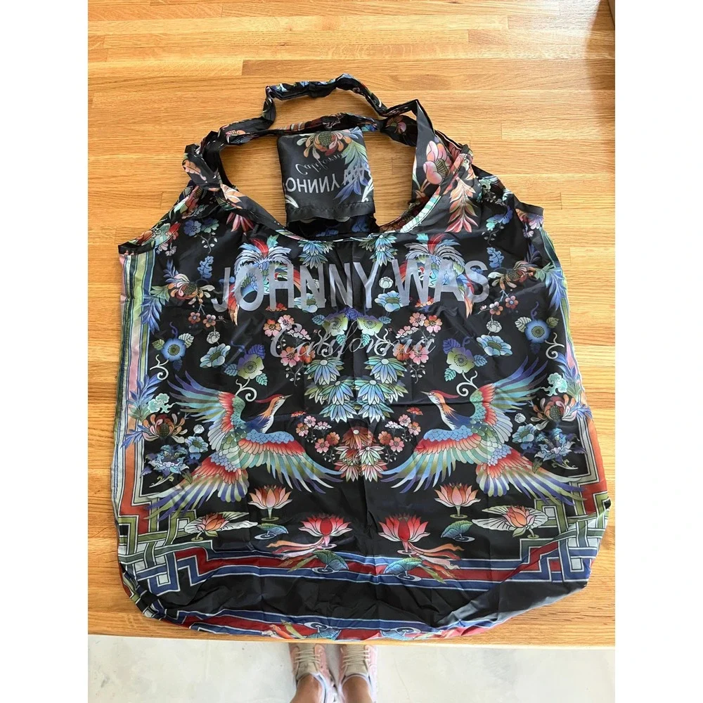 Johnny Was Packable Tote Bag Tropical Bird Floral Print Foldable Shopper Black